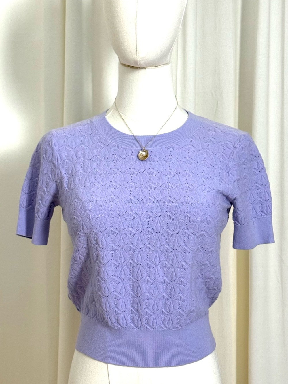 Wilfred/Aritzia Lilac Short-Sleeve Knit Top - Lightweight Pointelle Sweater
